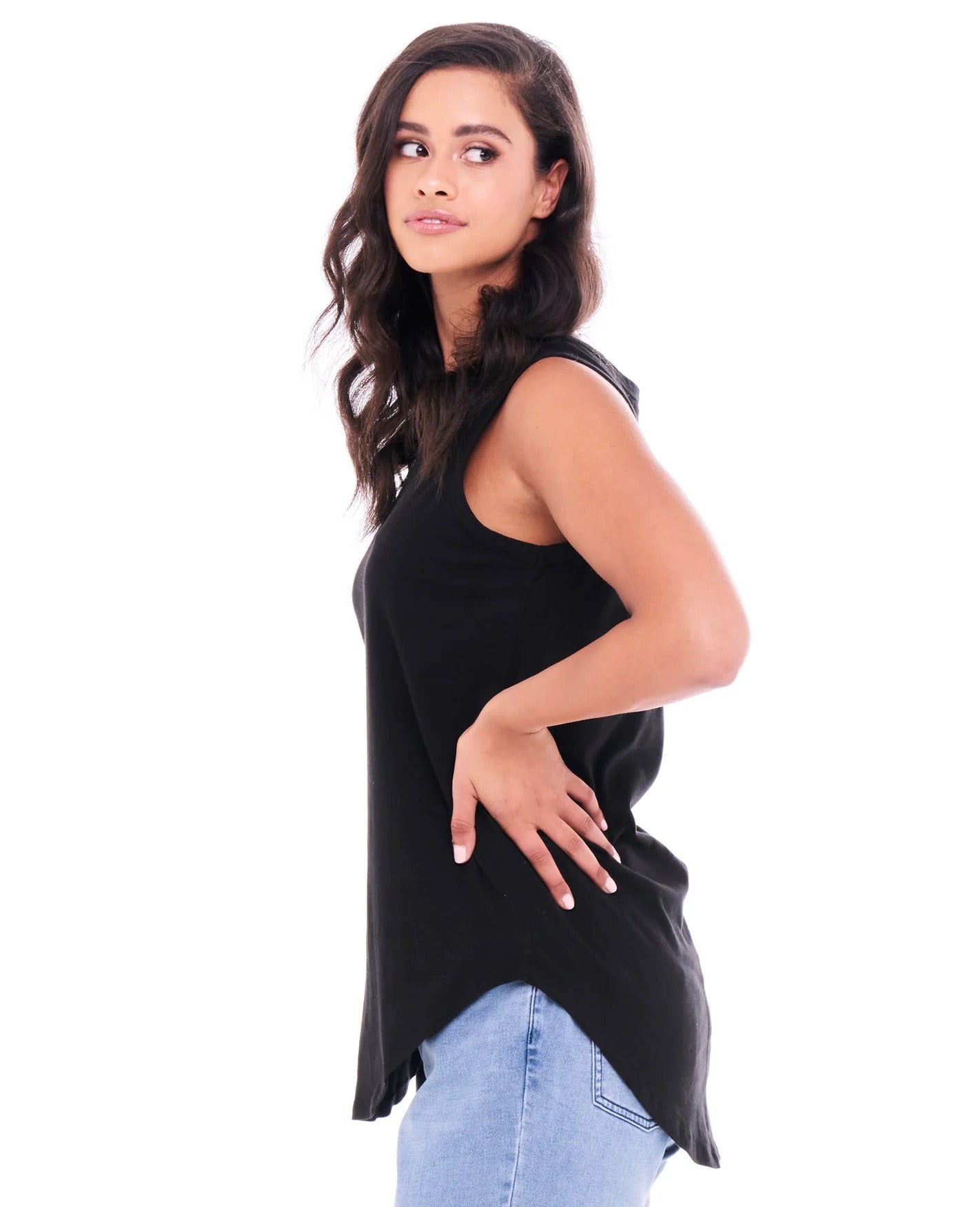 Keira relaxed scoop neck long cotton basic tank - Black