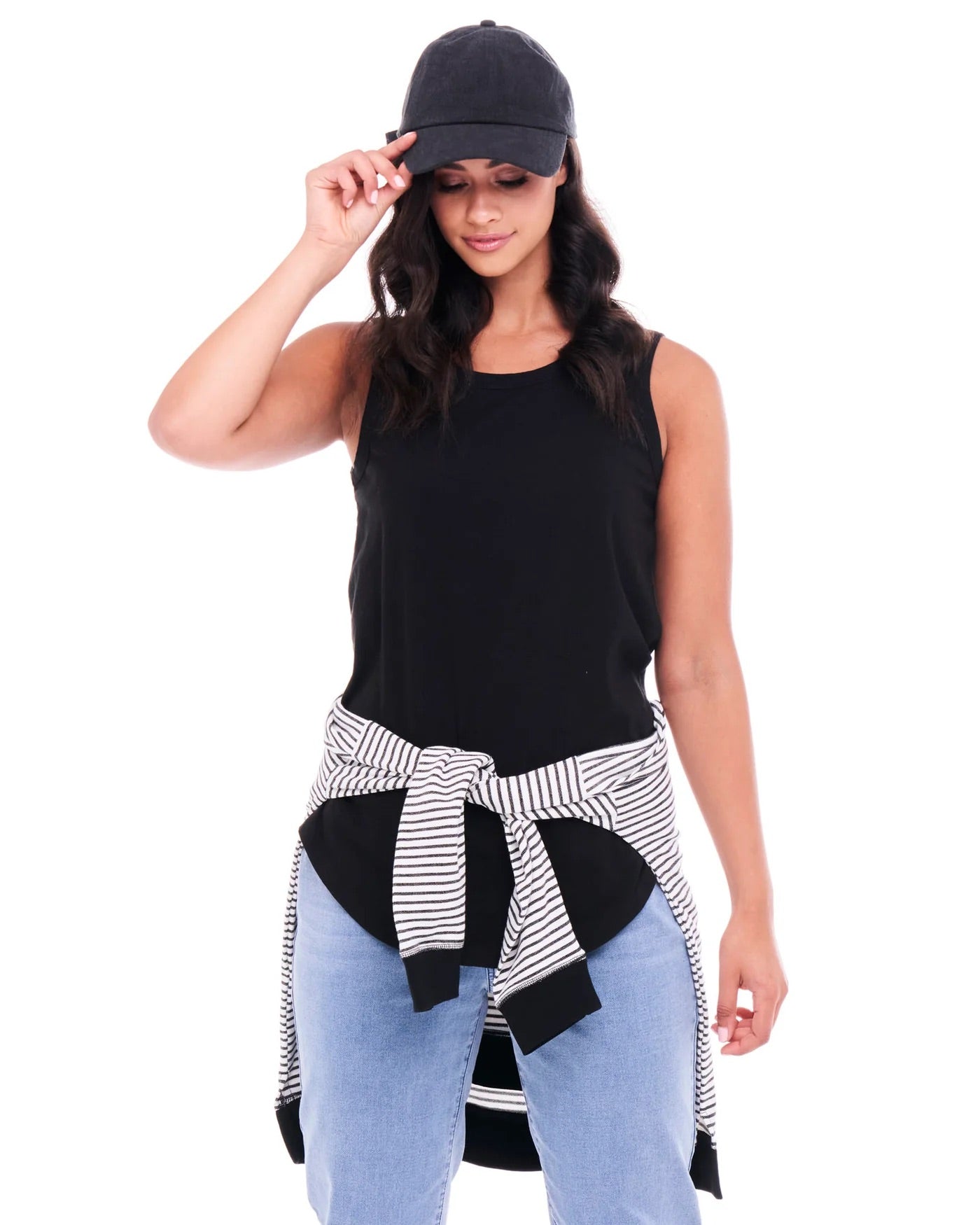 Keira relaxed scoop neck long cotton basic tank - Black