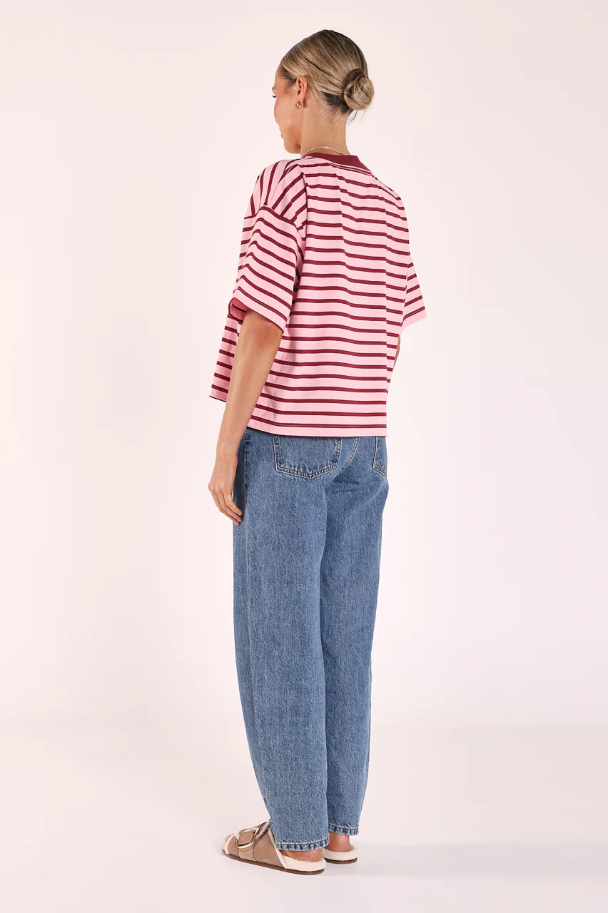 Carter Boxy Tee - Pink Burgundy Stripe