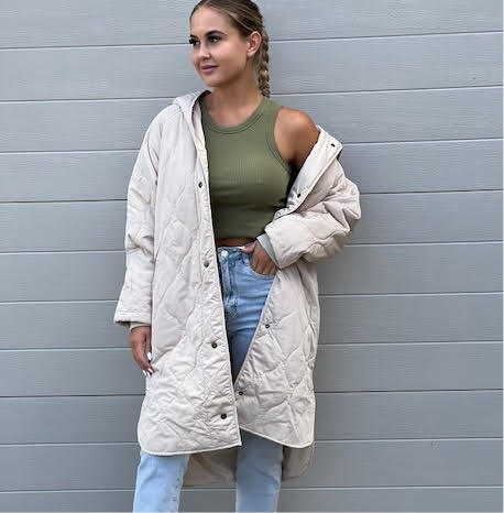 Carly Long Hooded Puffer Coat - Beige