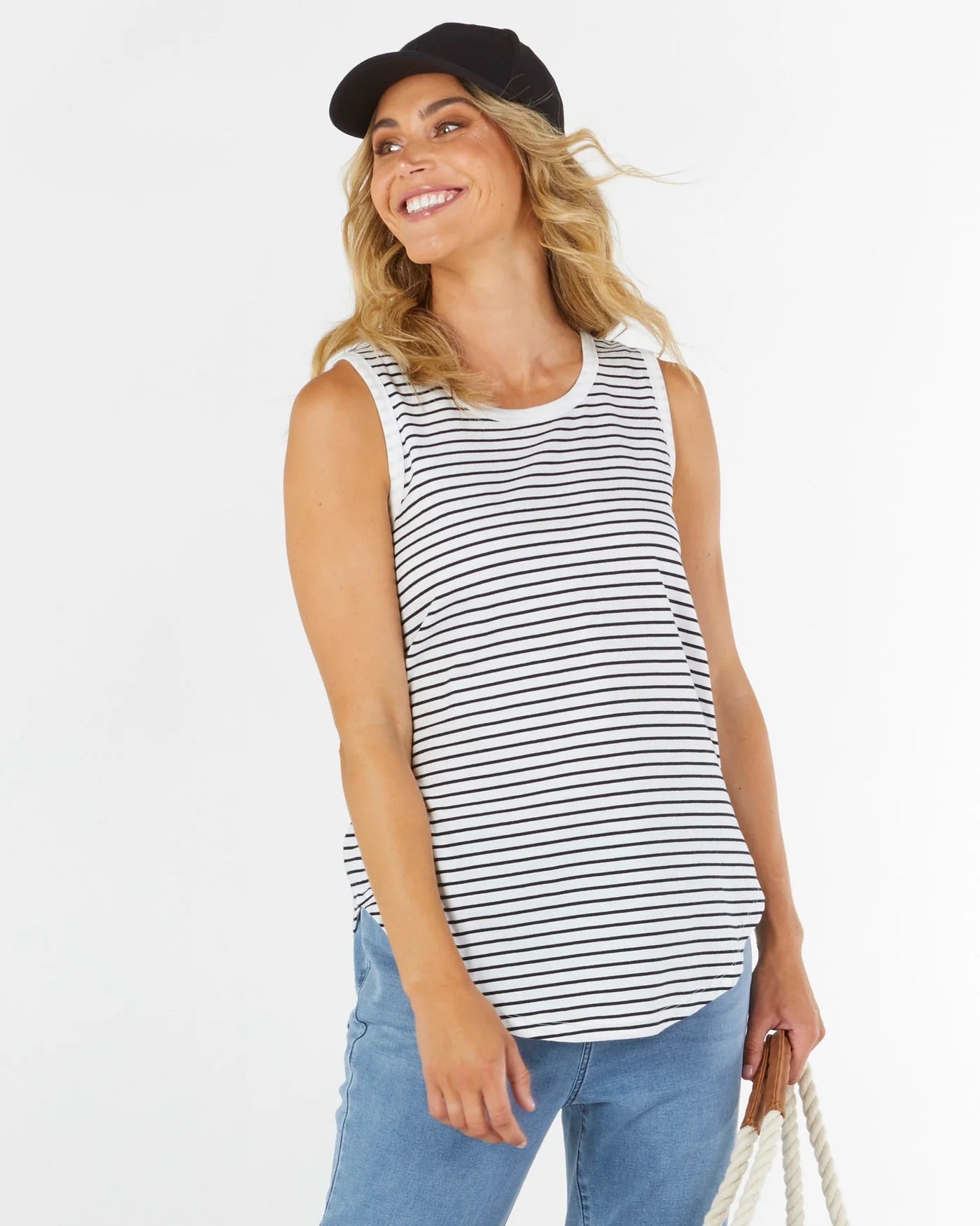 Keira relaxed scoop neck long cotton basic tank - Jet Black Stripe