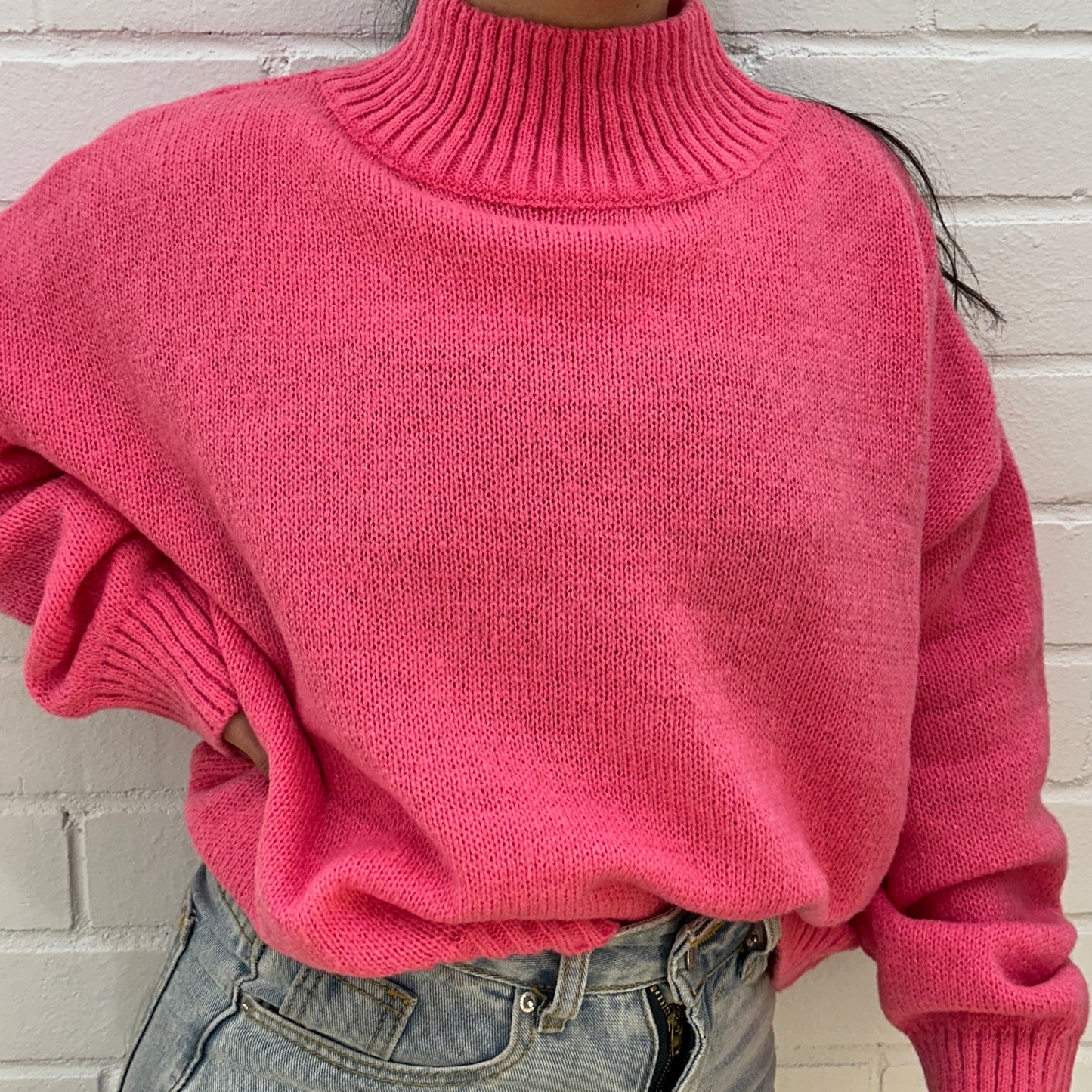 Rib Funnel Neck Knit - Pink