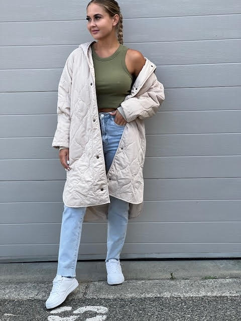 Carly Long Hooded Puffer Coat - Beige