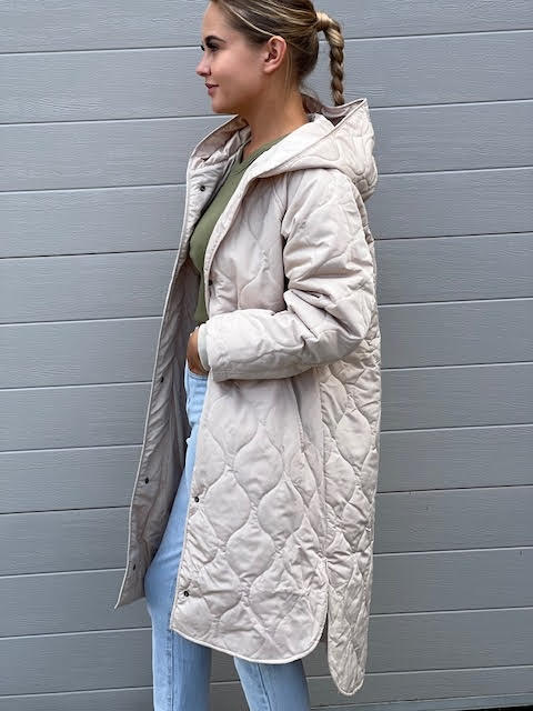 Carly Long Hooded Puffer Coat - Beige