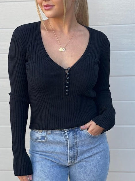 Carol Button Knit Top Black