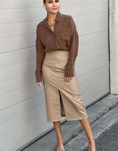 LEATHERETTE PENCIL SKIRT- Beige