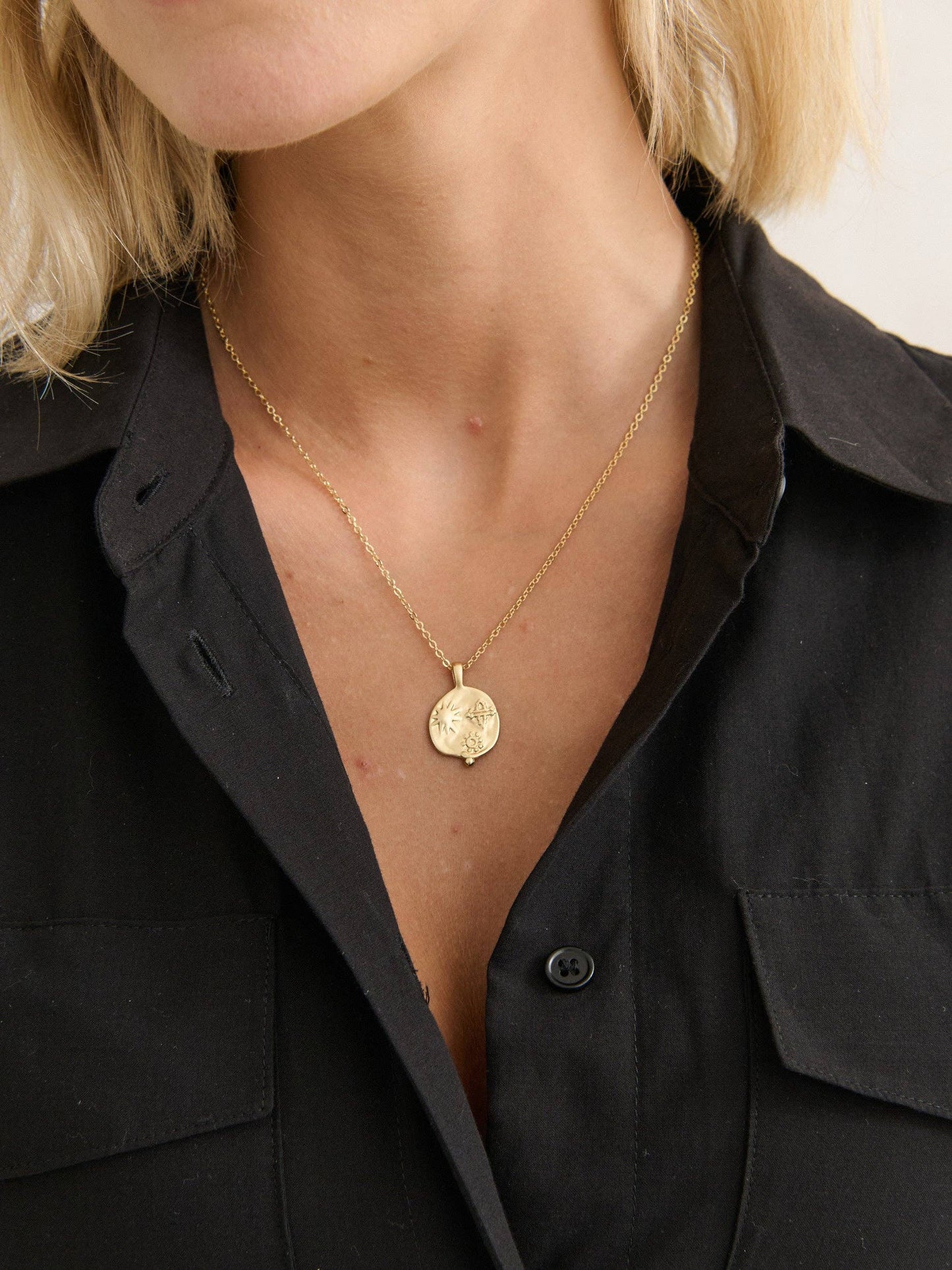 Ocean Coin Charm Matte 18K Gold Plated Necklace