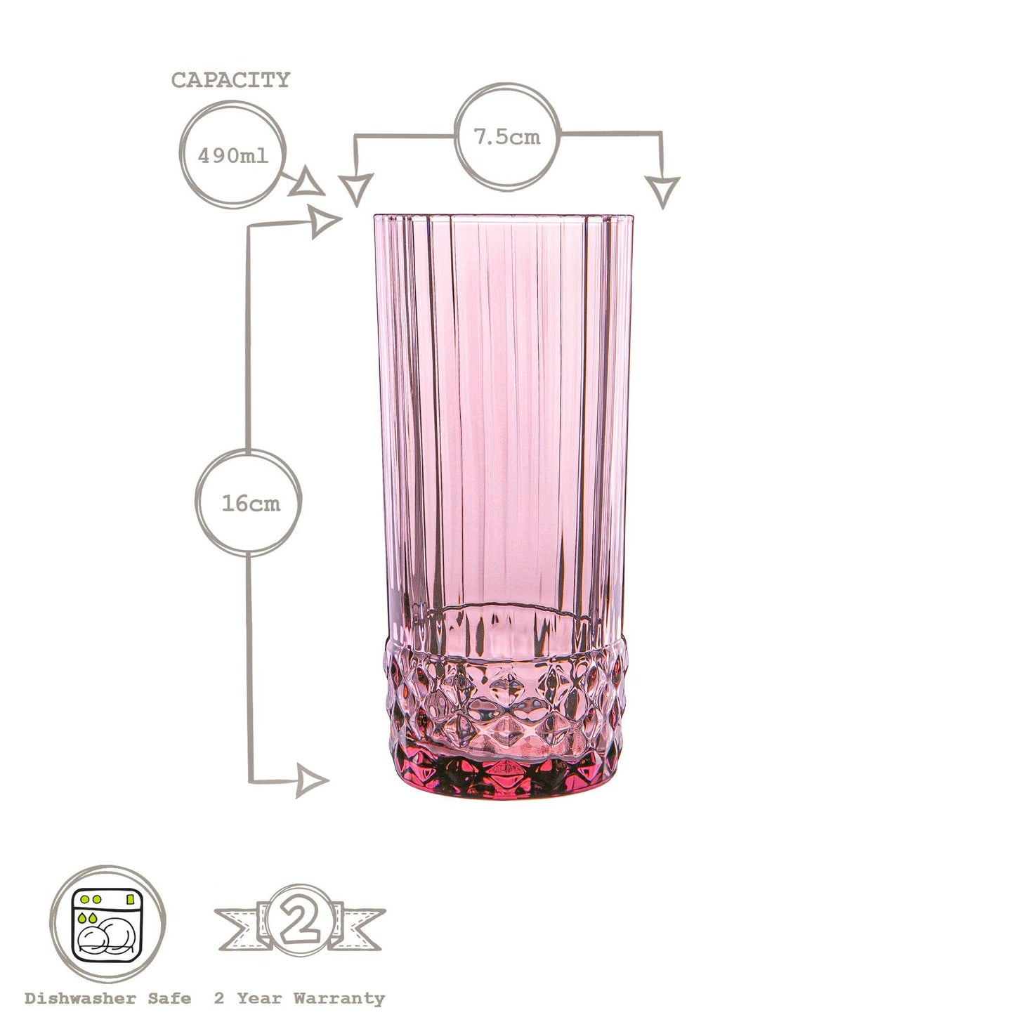 490ml America '20s Highball Glass - By Bormioli Rocco: Pink