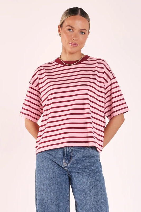 Carter Boxy Tee - Pink Burgundy Stripe