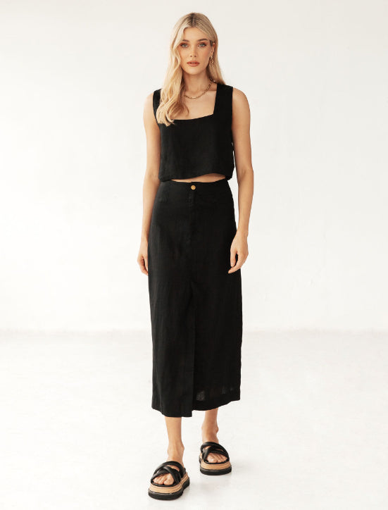 Square Neck Linen Top - Black