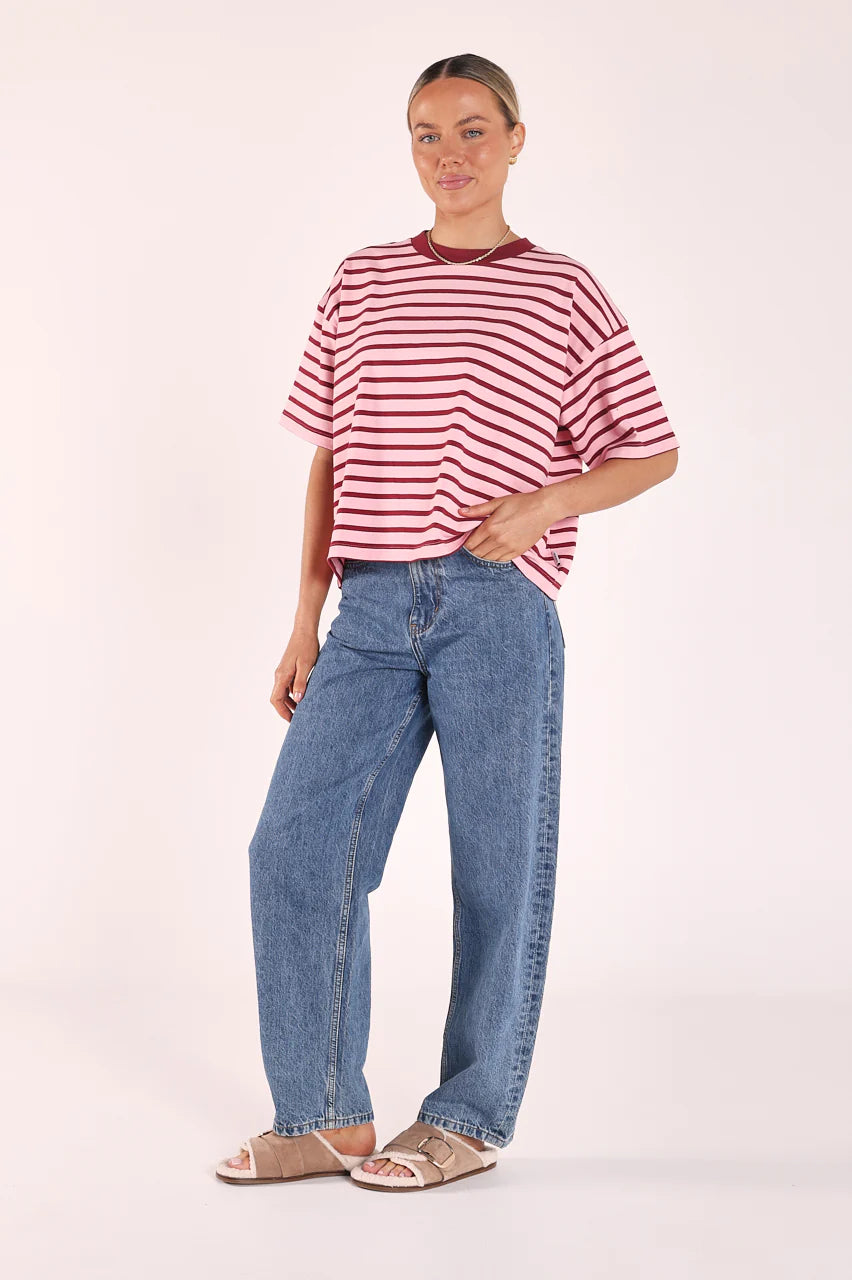 Carter Boxy Tee - Pink Burgundy Stripe