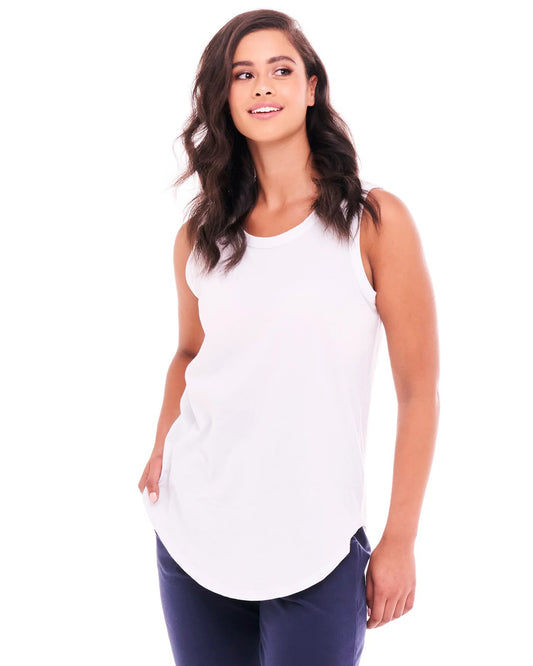 Keira relaxed scoop neck long cotton basic tank - White