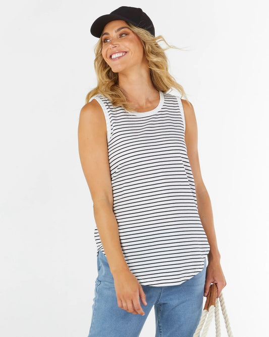 Keira relaxed scoop neck long cotton basic tank - Jet Black Stripe