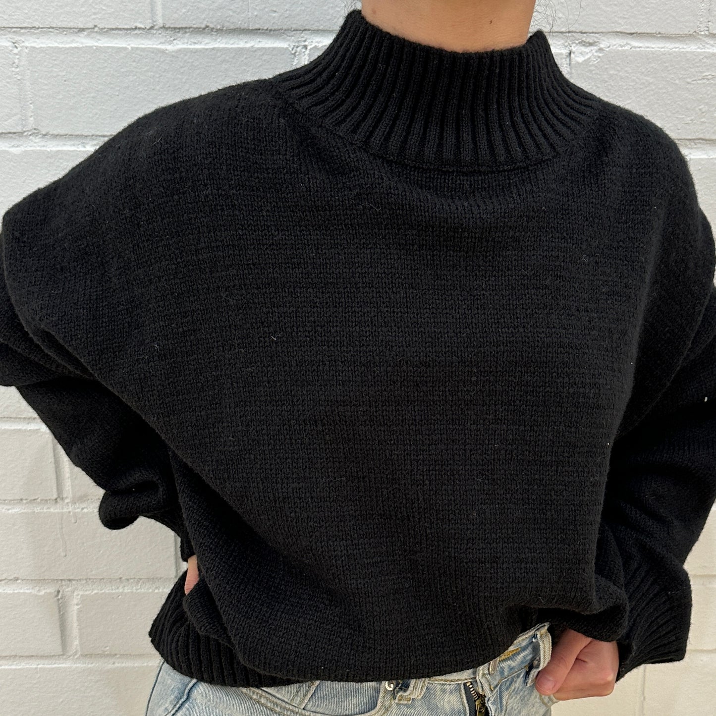 Rib Funnel Neck Knit - Black