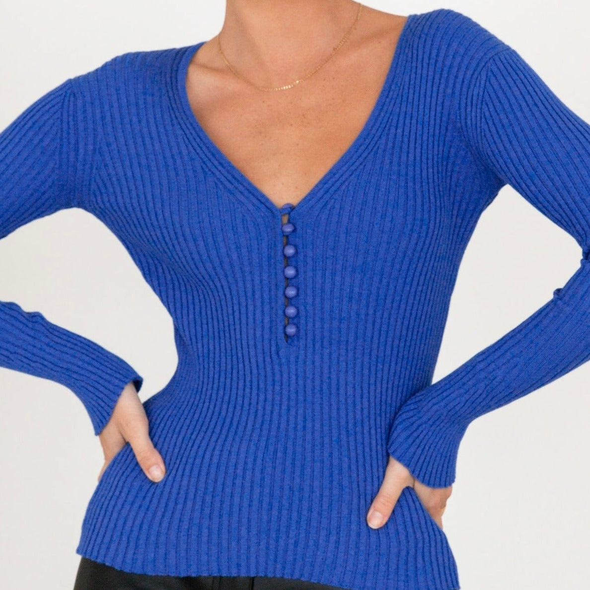 Carol Button Knit Top Blue