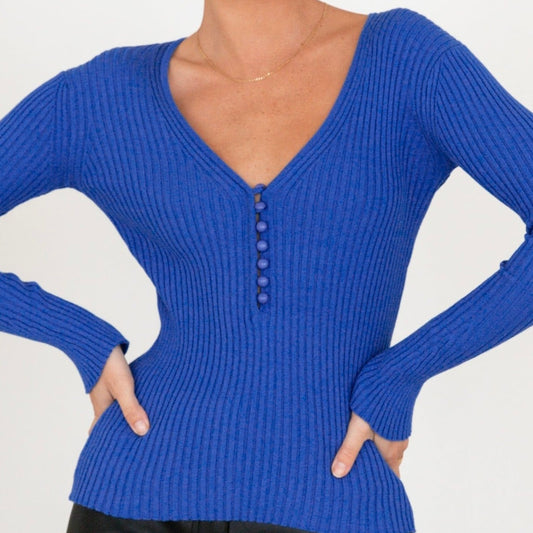 Carol Button Knit Top Blue