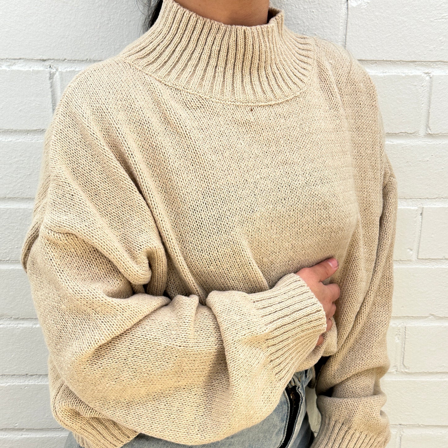 Rib Funnel Neck Knit - Beige