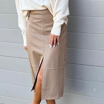 LEATHERETTE PENCIL SKIRT- Beige